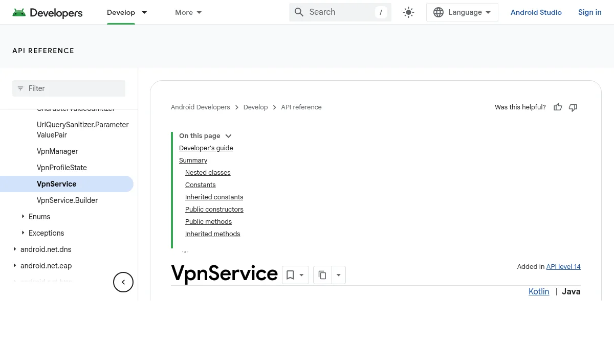 Почему VLESS не работает в 2026 году: 8 причин и решения: изображение из источника Android Developers: VpnService